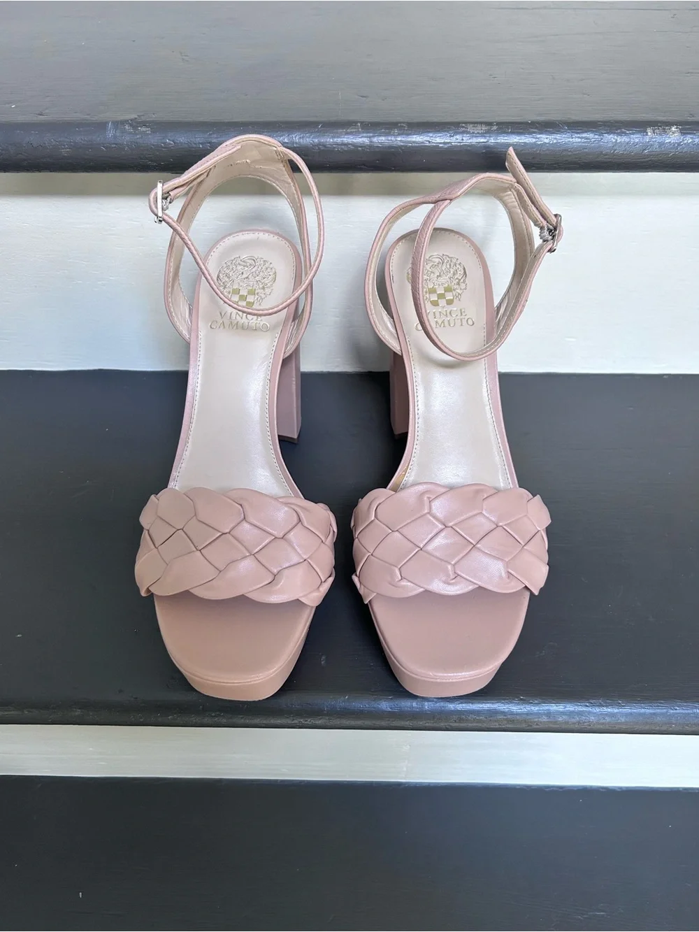 Vince Camuto Women’s Mirinda Woven Platform Block Heels Beige Sandals, Size 9.5